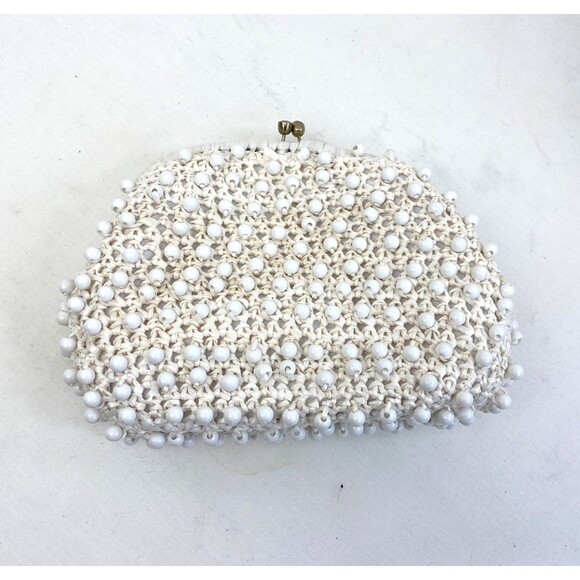 Vintage 60s Ritter White Raffia Plastic Beaded Purse Handbag Mod Hippie Wedding - Picture 13 of 15